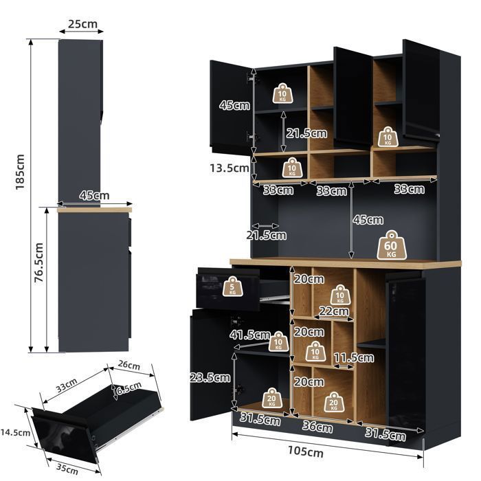 Maisentil opbergkast in hoogglans zwart, 105x45x185 cm, MDF, hoge kast met verstelbare planken en lade