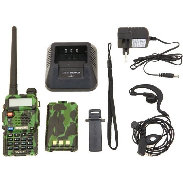Baofeng UV-5R Talkie-walkie FM radio VHF/UHF avec double bande, affichage, veille et horloge intégrée (Casque ajouté, Camouflage)