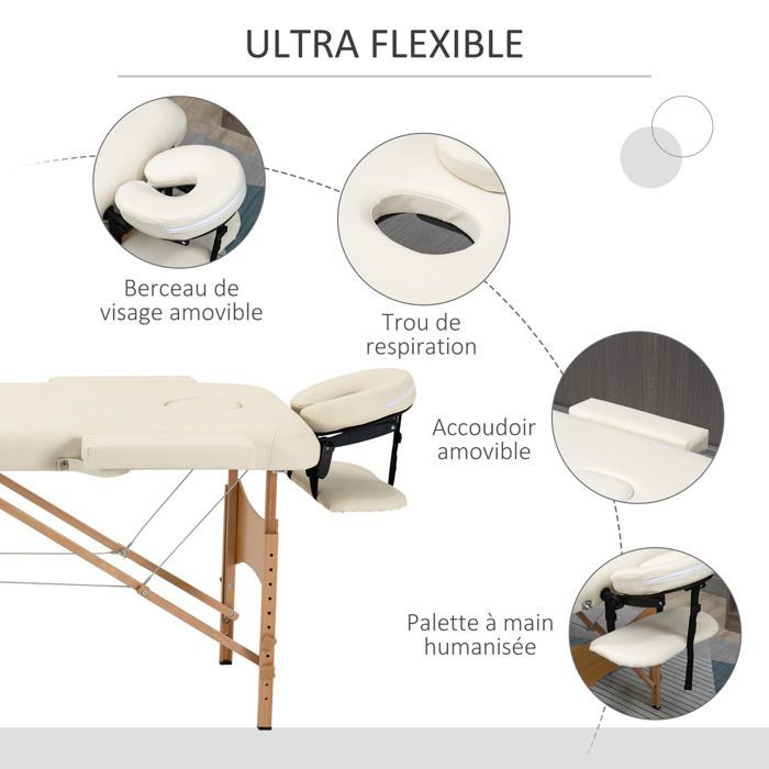 Table de massage - HOMCOM - pliable cosmétique portable 2 zones hauteur réglable mobilier - bois - crème