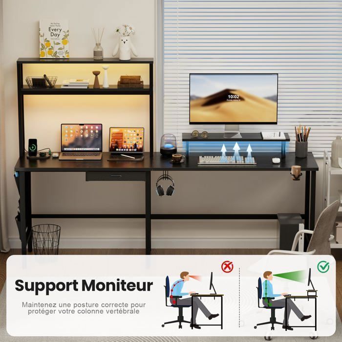 Bureau d'angle avec Rangement - Bureau en L  - HLONONE - 150 cm - Jeux à LED - Boîtes et sacs de stockage - Noir