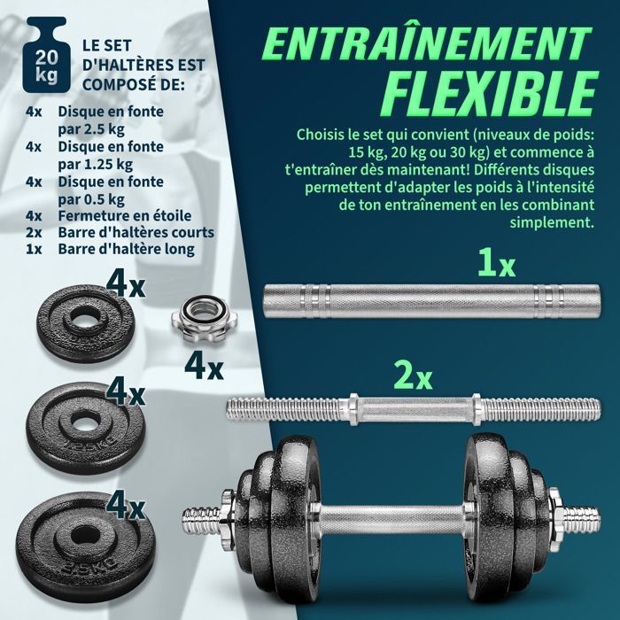 RE:SPORT 2-in-1 halterset | 20 kg | Modulaire gietijzeren halterset | Lange en korte halters