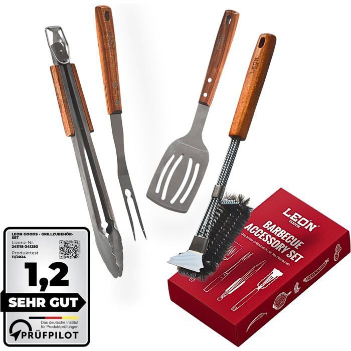 FEBEST 4-Piece Barbecue Accessory Set - Brush, Fork, Tongs, Spatula - Stainless Steel