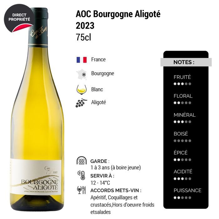 Cave de Bissey Bourgogne Aligoté 2023 - Vin Blanc de Bourgogne (6x75cl)
