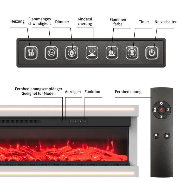 Lareira elétrica de parede Luminarix de 60 polegadas - 750W/1500W - 12 chamas - Controle remoto incluído