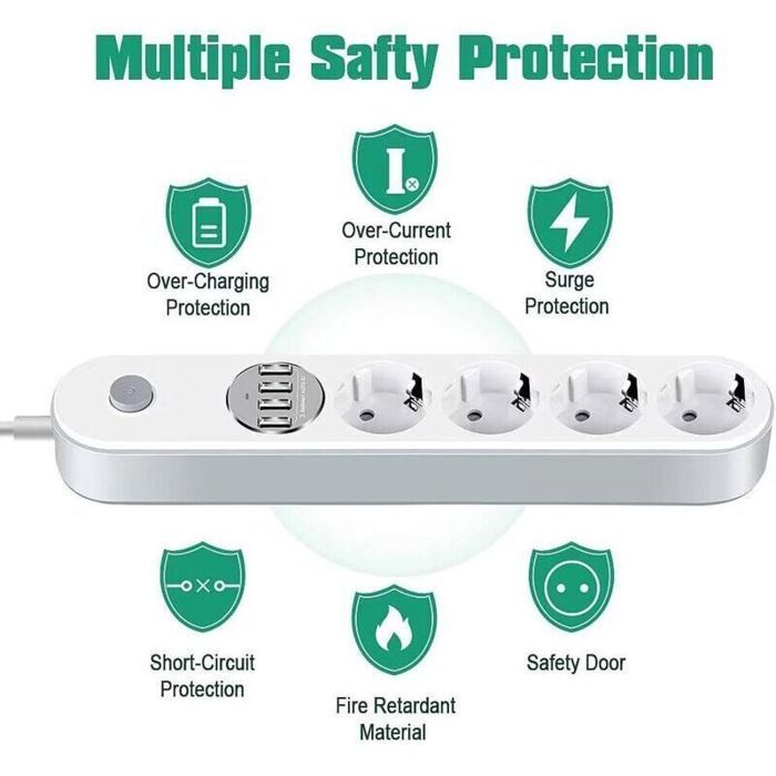 Multiprise USB Multiprise Parafoudre Parasurtenseur 4 Prises avec 4 Prises USB,Power Strip avec Interrupteur