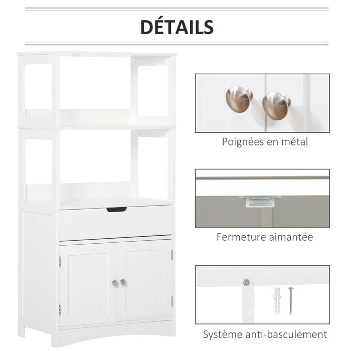 Bathroom storage unit - Kleankin - 2 doors, drawer, 3 shelves - MDF - 60x33x122cm - white