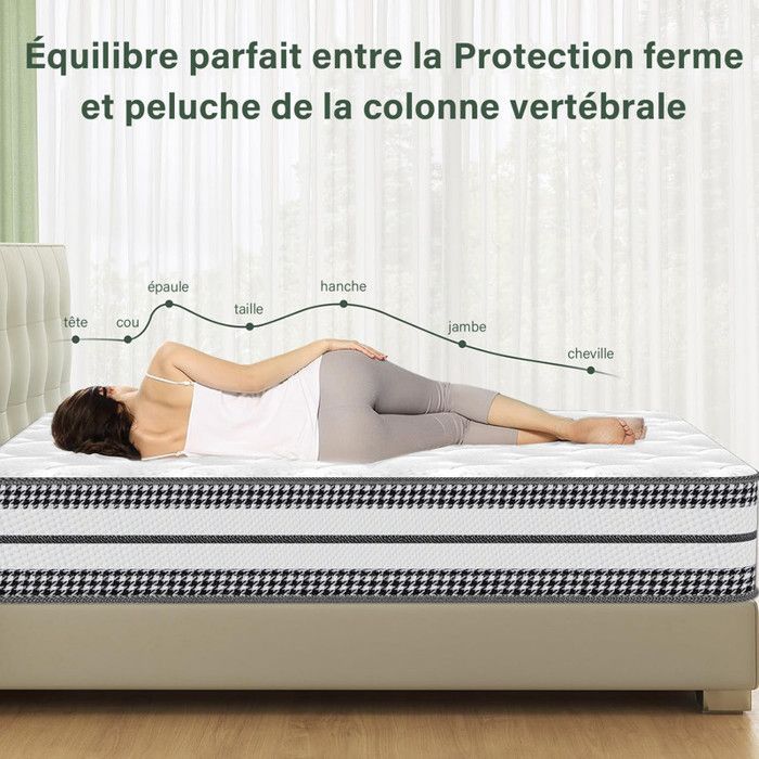 Colchón de 90x200 cm, 26 cm de grosor, espuma viscoelástica y muelles ensacados, 7 zonas de soporte, ergonómico, firmeza media, reversible.