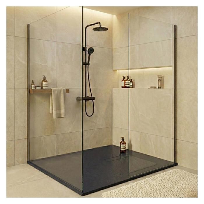 Base de duche SOMA extraplana com efeito de pedra em cinzento antracite - Inclui ralo