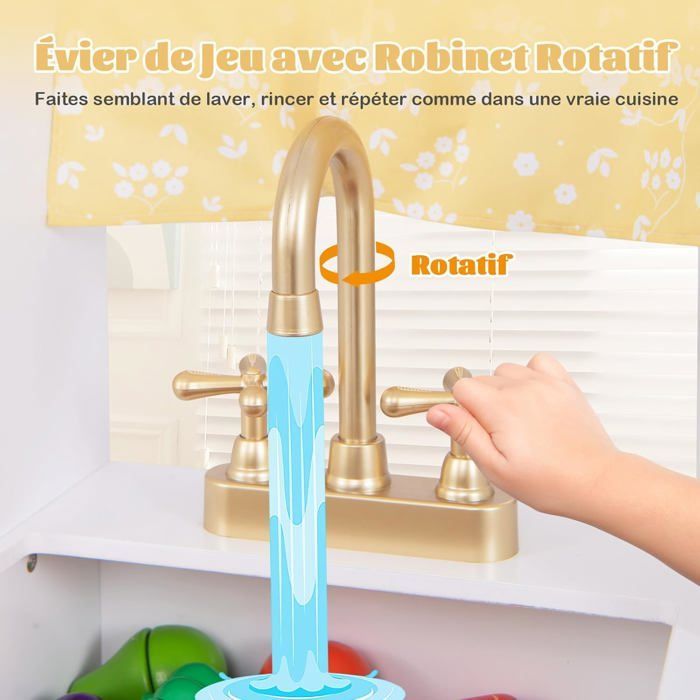 COSTWAY Cuisine de Jeu pour Enfants 3 Ans+ avec 6 Accessoires, Cafetière, Micro-ondes, Four, Sons et Lumières Réels, 90 x 30 x 90