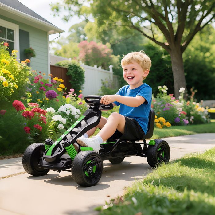 Kart à pédales pour enfants - AIYAPLAY - roue libre, frein, roues EVA antidérapantes - plastique et métal - 100x59x60,5cm - vert