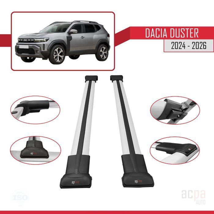 Barras de techo para Dacia Duster 3 (P1310) 2024-2026 FLY Model Railing Car Luggage Rack Gris Aluminio 2 Barras