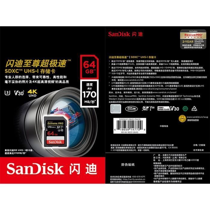 SanDisk Extreme Pro SDHC SDXC UHS-I Class 10 170MB SD Card - 64GB Memory Card