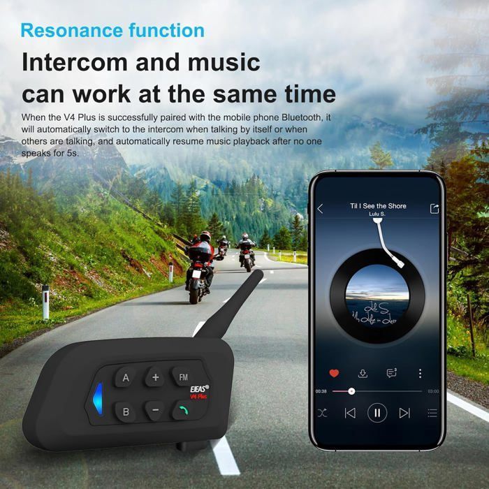 Intercomunicador Bluetooth V4 Plus para motos, 1500 m, comunicación para 4 motos motard, arbitras, esquís y quads.