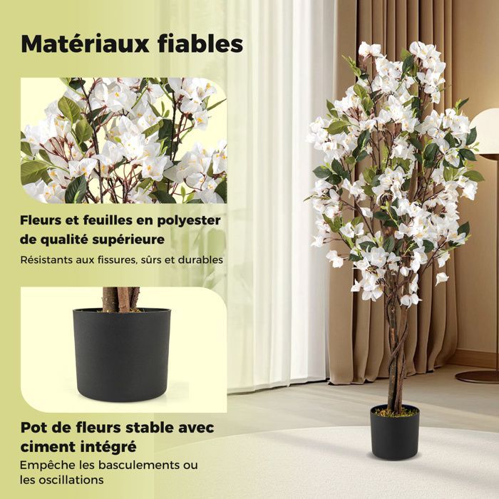 Arbre Artificielle Interieur Bougainvillier -RELAX4LIFE - 120CM - 360 Fleurs - 40 Feuilles - 3 Branches - 2 Rotins et Mousse -Blanc