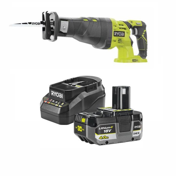 RYOBI Scie sabre 18V ONE+ 2900 cp/min - course 28mm - bois 200mm + 1 lame + 1 Batterie 4Ah + Chargeur - R18RS-0 + RC18120B-140X
