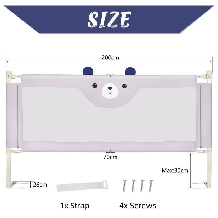 Barrière de lit MENGDA 200 - Sécurité pour bébé - Maille respirante - Gris