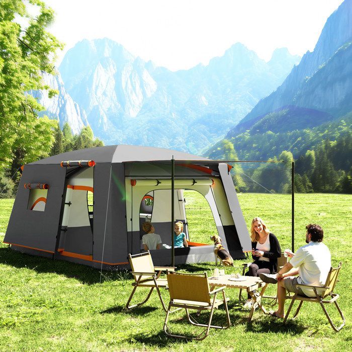 Campingzelt – Outsunny – für 4–5 Personen – wasserdicht – mit Türen und Fenstern – inklusive Tragetasche – 4,3 x 3 x 1,95 m, dunkelgrau