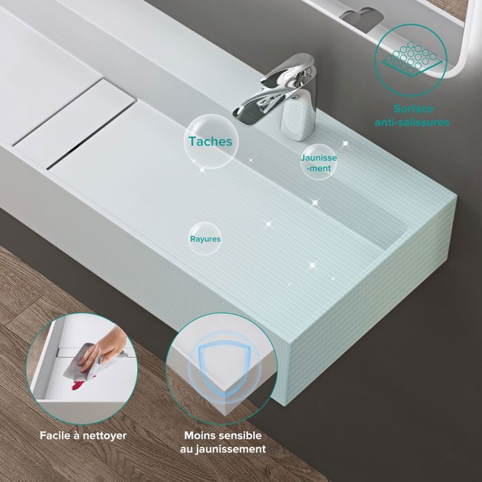 Lavabo de encimera doporro, blanco mate, lavabo de baño mural, lavabo rectangular de 120 cm con tapa de desagüe, Colossum6028
