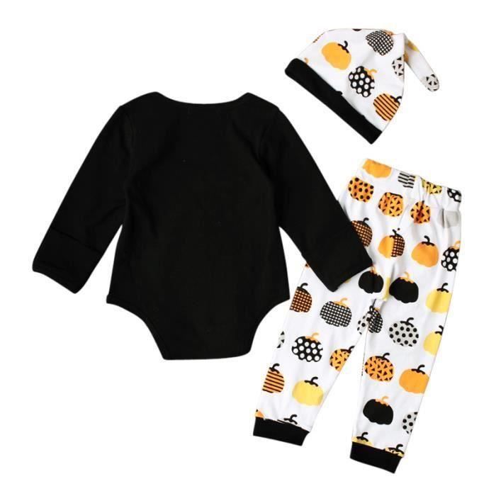 FUNMOON Baby Boy Romper Bodysuit + Pants + Hat 0-24 Months Halloween Pumpkin Print - Black