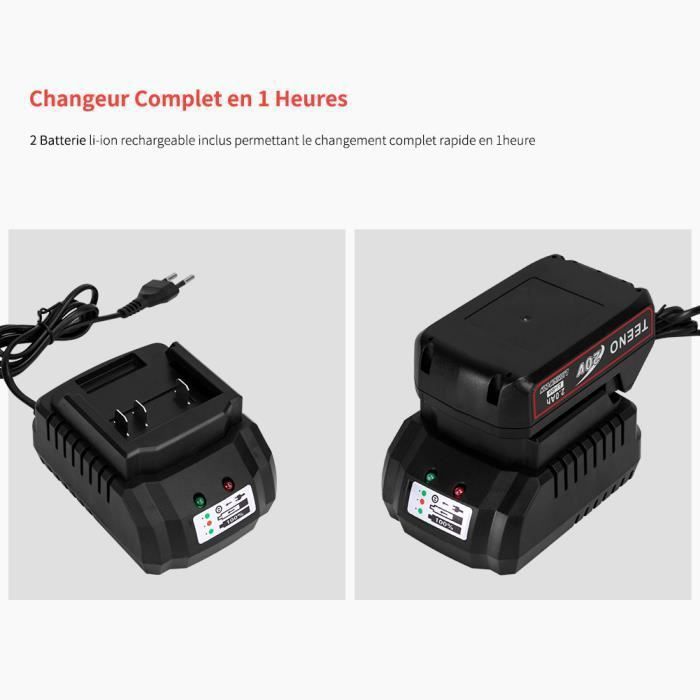 TEENO® Perceuse visseuse à percussion plus avec 2 batteries 20V 2,0 Ah Li-ion à Mandrin automatique 13mm