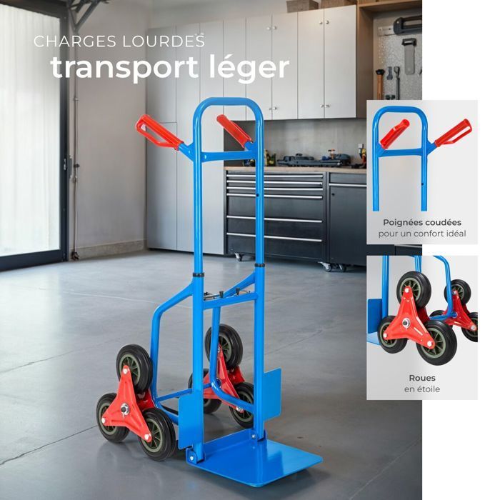 TECTAKE - Carretilla elevadora para escaleras - Plataforma plegable, ruedas de 6 radios, capacidad de 200 kg, acero - azul