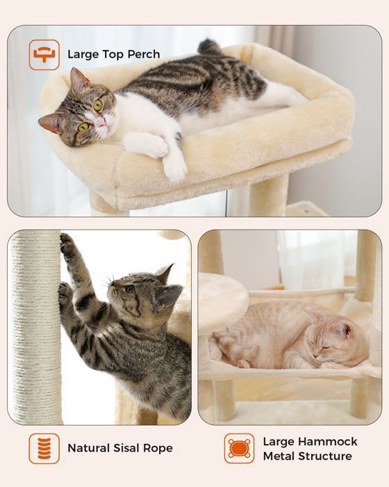 PAWZ Road Cat Tree, Spacious Design, Large, Sturdy Hammock with Hammock and Beautiful Cat House - Beige - 143 cm