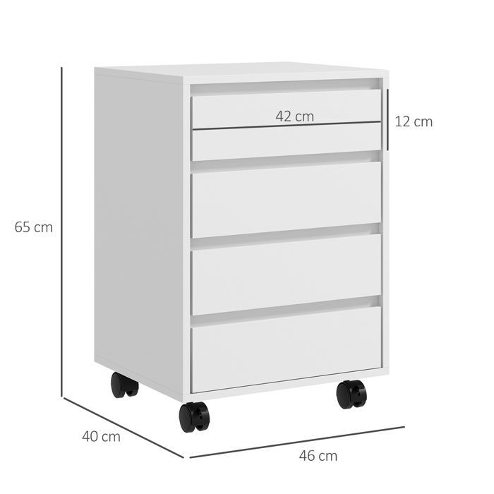 Office pedestal - HOMCOM - storage unit on casters with 4 sliding drawers - office furniture - wood - white wood finish
