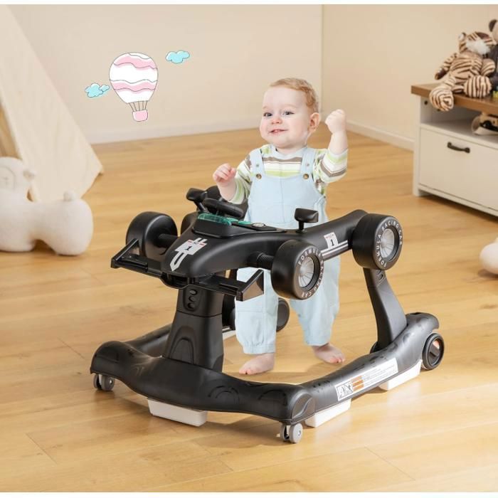 Girello convertibile 3 in 1 DREAMADE, pieghevole con altezza regolabile, musica e luci, a forma di auto, per bambini dai 6 ai 18 mesi, nero.