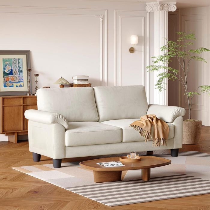 Sofá de 3 plazas de terciopelo beige para salón, sofá moderno escandinavo con 2 cojines, bolsa de almacenamiento, 178x76x87cm