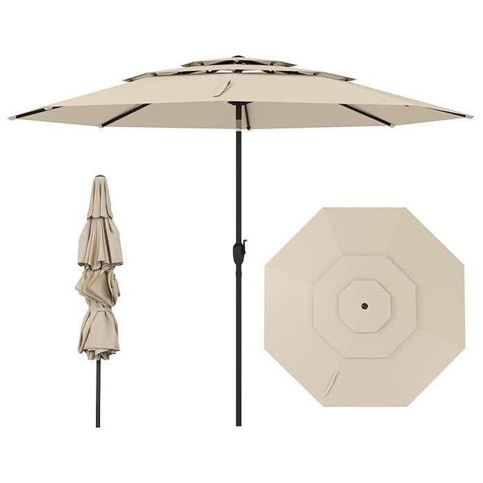 COSTWAY zelfkantelende parasol - Beige - 300 cm x 243 cm - Dubbele ventilatie - Met slinger