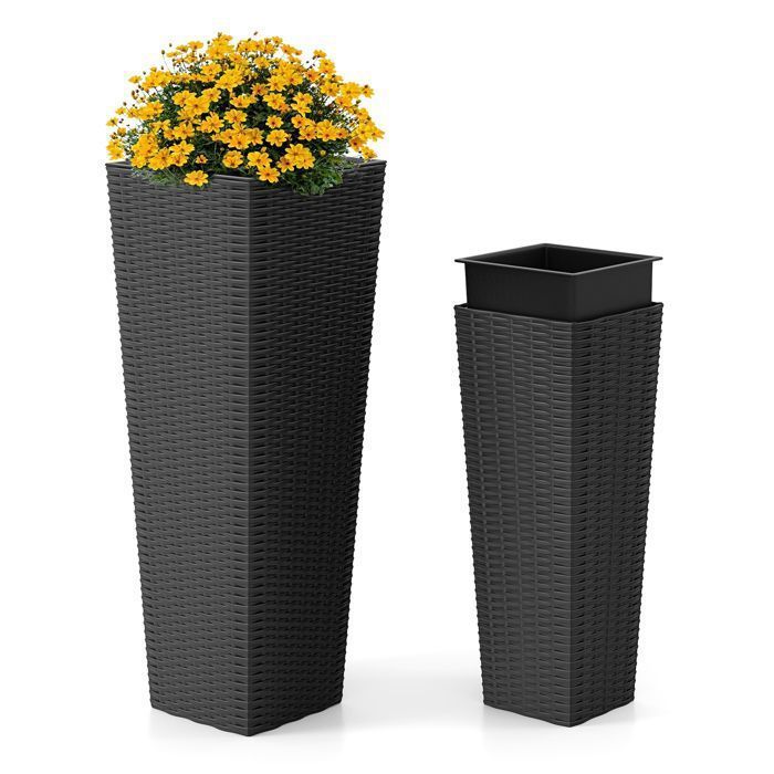 COSTWAY Set of 2 Flower Pots, Removable Inner Trays, Drainage Holes, Decorative Wicker Vegetable Planter Table in PP Rattan, Black