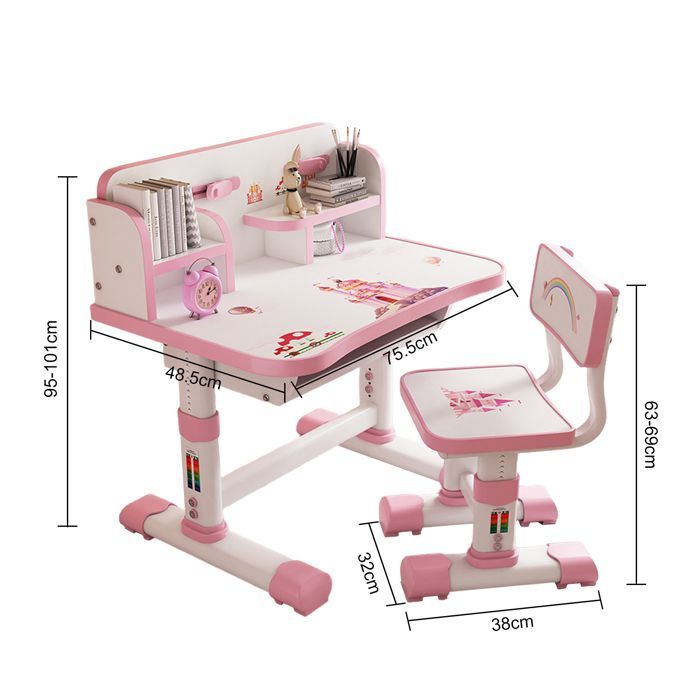 Escritorio infantil con silla, 101 cm de largo x 76 cm de ancho x 49 cm de alto, rosa, PP, edades de 3 a 18 años, altura regulable.