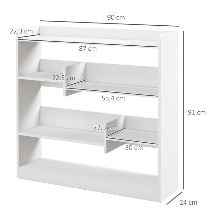Bokhylla - HOMCOM - Förvaringsenhet med 4 våningar och 3 bakpaneler - spånskiva - 90x24x91cm - vit