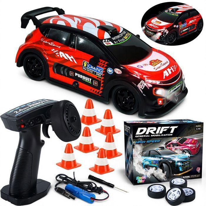 Coche teledirigido LANGTU - Mini coche RC Drift a escala 1:22 - Tracción en las cuatro ruedas - Luces LED de 7 colores - Neumáticos reemplazables (rojos)