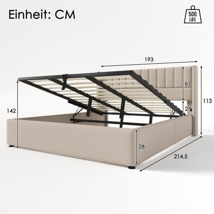 Cama con almacenamiento de 180x200 cm, cama hidráulica tapizada con base de láminas, cama doble en lino beige.
