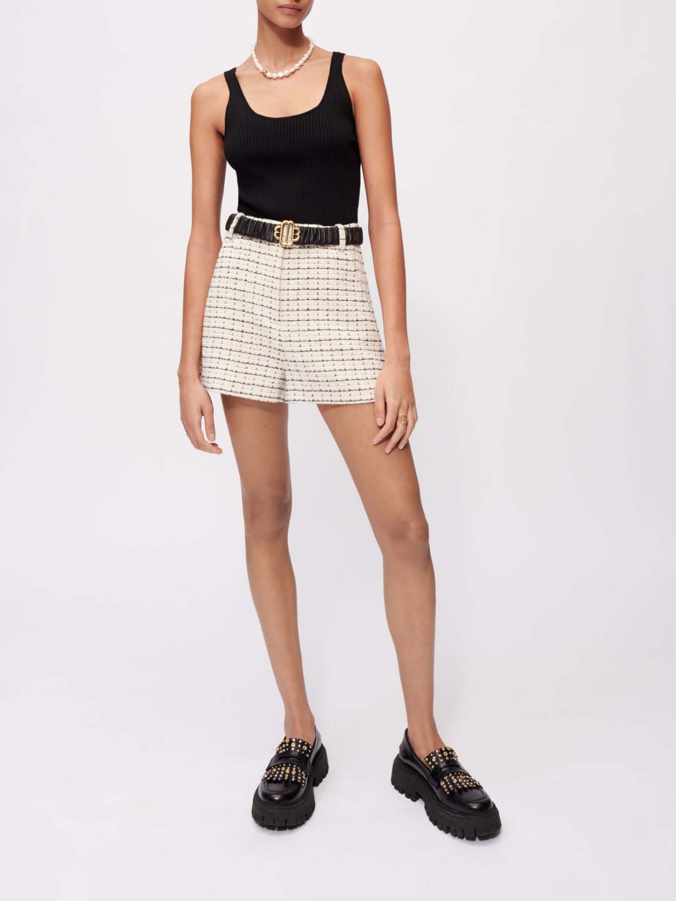 Pantaloni scurți din tweed cu pătrățele și carouri - Ecru Noir