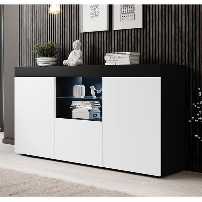 Aparador de 3 puertas con iluminación LED | 150 x 83 x 40 cm | Negro mate y blanco | Mueble de almacenamiento | Modelo NATOLIA