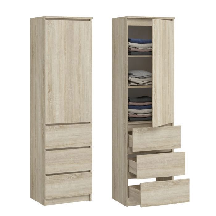 Armoire de rangement 3 tiroirs 3 étagères - Armoire de bureau - Meuble de rangement chambre - 50x40x180 cm - Sonoma