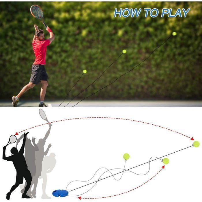 Tennis-Trainingsset, bestehend aus Tennis-Trainingsgerät-Basis mit Kordel und 3 Rebound-Bällen.