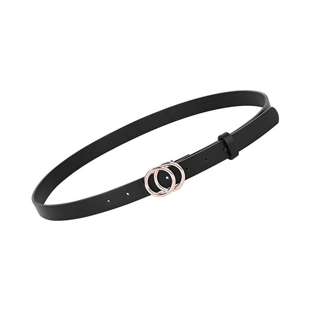 Ceinture fine en cuir pour femme, idéale avec jeans et pantalons habillés. Ceinture tendance en cuir avec boucle double anneau.