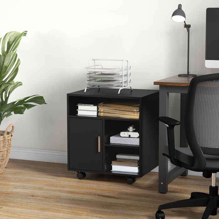 Soporte para impresora - organizador de escritorio - HOMCOM - armario con puerta, 3 compartimentos + tapa grande - aglomerado - negro