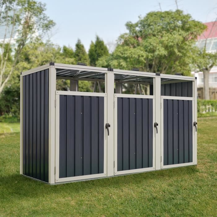 Refugio para contenedores Tarbek PRO.TEC de 3 espacios - Gris - Acero galvanizado - Puertas con manijas