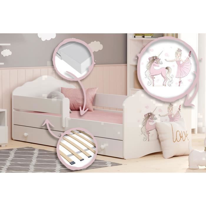 Cama infantil FALA de 80x160 cm + somier de láminas + colchón + cajón + barandilla de seguridad