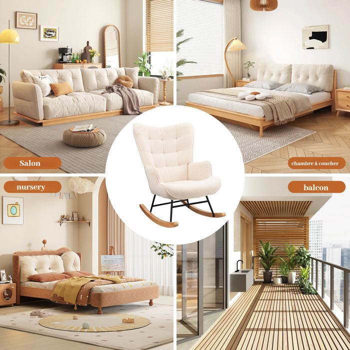 Fauteuil à bascule - SOMUBI - Beige - Bois massif - Cadre en métal - Dossier haut et rembourré