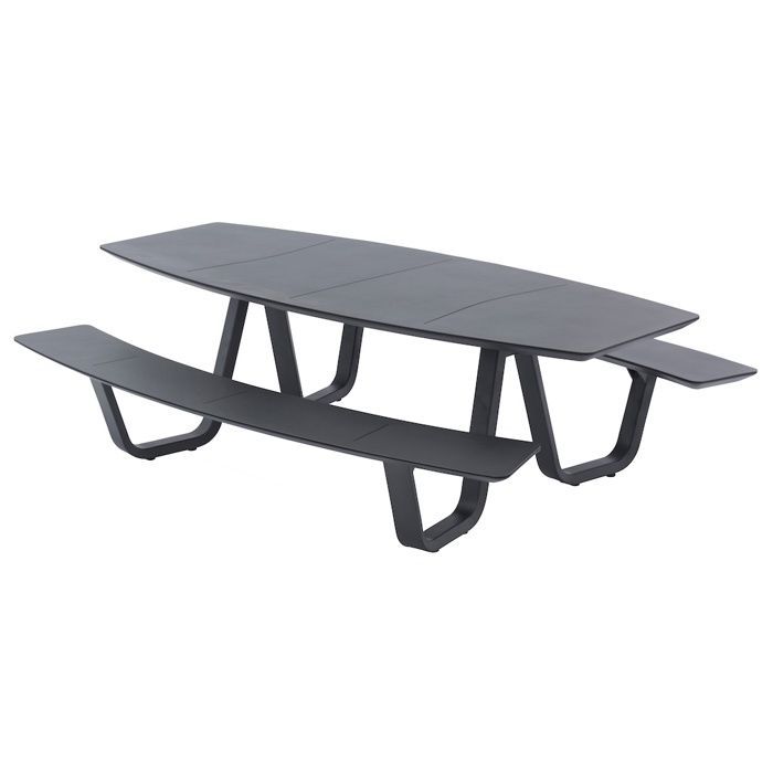 PICNIC CURV dining set – 1 table 180 x 72 cm + 2 benches – Graphite epoxy-coated aluminum