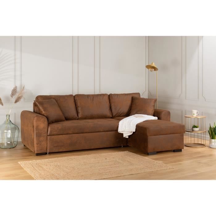 Omkeerbare hoekbank met 4 zitplaatsen en slaapfunctie - Vintage bruine stof - B 244 x D 151 x H 90 cm - HAMILTON - Gemaakt in Oekraïne