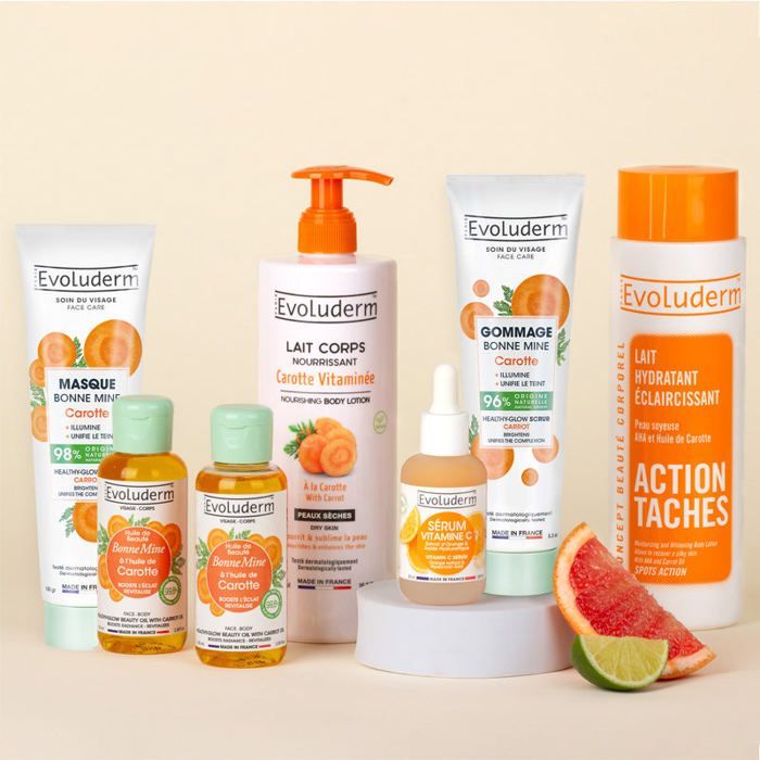 EVOLUDERM – Routine Visage & Corps Éclat 7 produits – 1x Lait + 2 Huiles + 1 Sérum Vitamine C + 1 Gommage & Masque carotte + 1 Lait