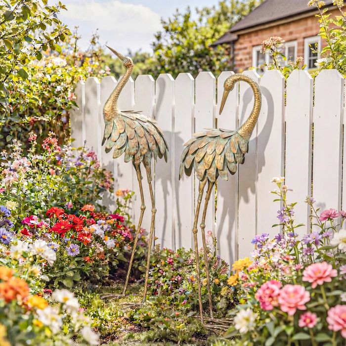 Conjunto de 2 estatuas de jardín - Escultura de garza - Outsunny - 91/95 cm - para patio, estanque, terraza - Dorado/Azul
