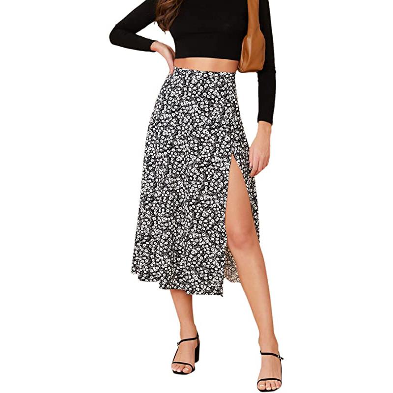 Jupe midi évasée sexy bohème à fleurs, fendue sur la cuisse et taille haute pour femme