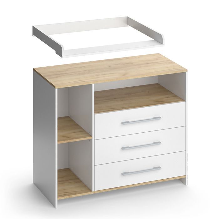 Commode à langer Oskar 113x93cm avec 3 tiroirs Chêne blanc/force de l'or Chêne de force doré Vicco 55591
